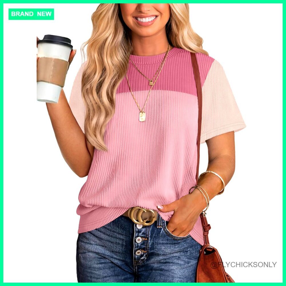 Short Sleeve Crewneck Knit Top, Color Block Design, Spring Summer Casual
